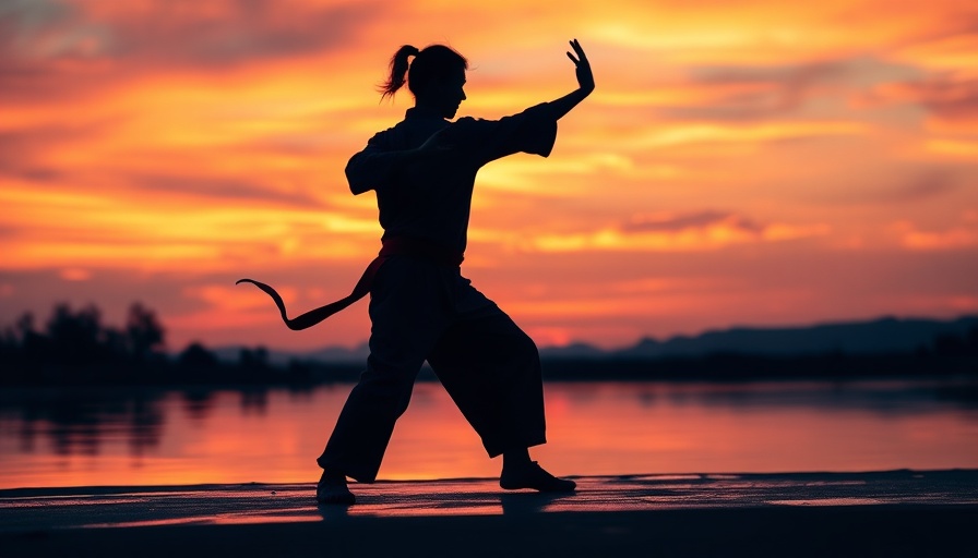 Tai Chi silhouette under a vibrant sunset sky.