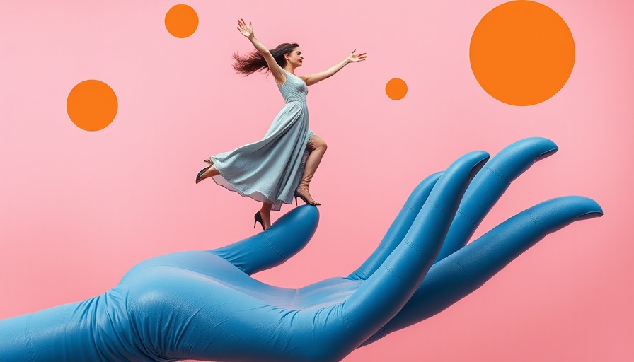 Surreal art of a woman balancing on a blue hand, following joy theme.