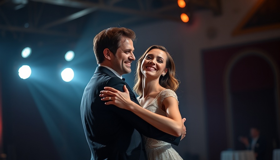 Elegant couple dancing on stage, exuding confidence and joy.