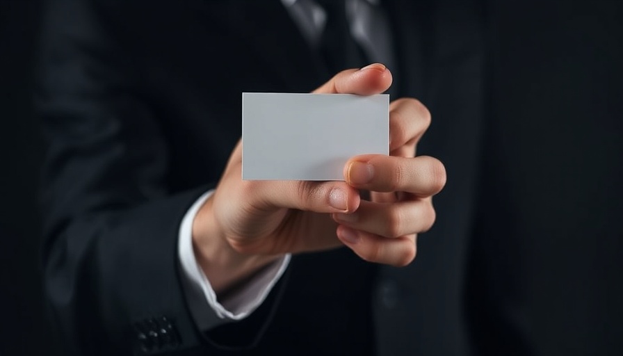 Hand in a suit holding a blank business card