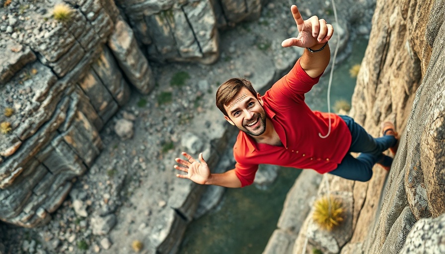 Confident man hanging from cliff, overcoming fear, lifelike scene.