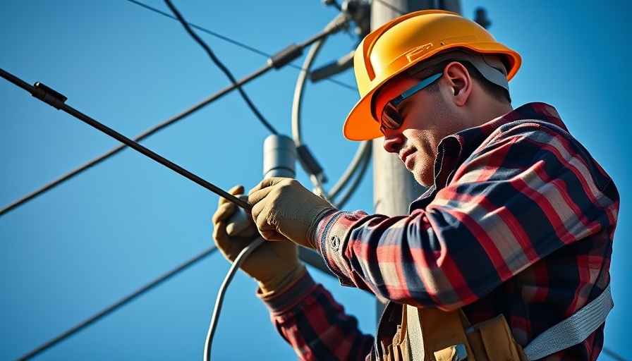Gridware technician installing equipment on utility pole in daylight.