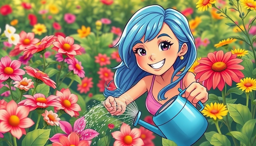 Cartoon woman watering flowers, symbolizing nourishment.
