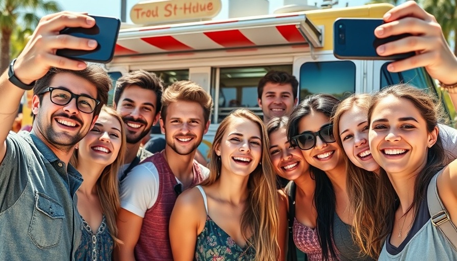 Happy group of friends taking a selfie outside a food truck.