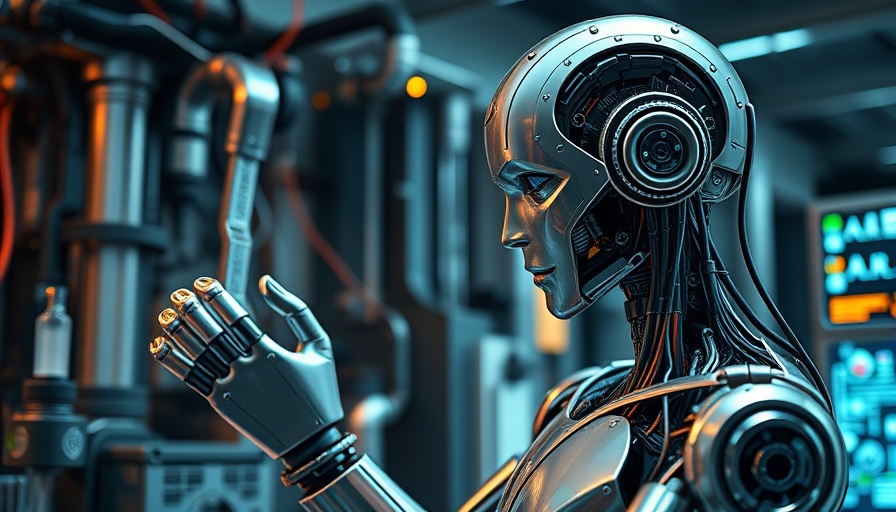 Humanoid robot in a futuristic lab performing tasks