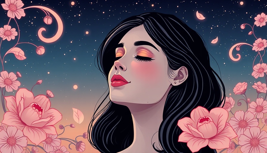 Abstract illustration of a serene woman, calming floral patterns, related to chronic illness.