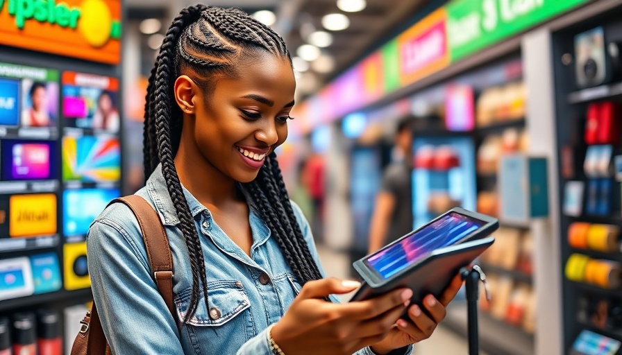 Catalytic Carbon Finance: Young woman using solar device in tech store.