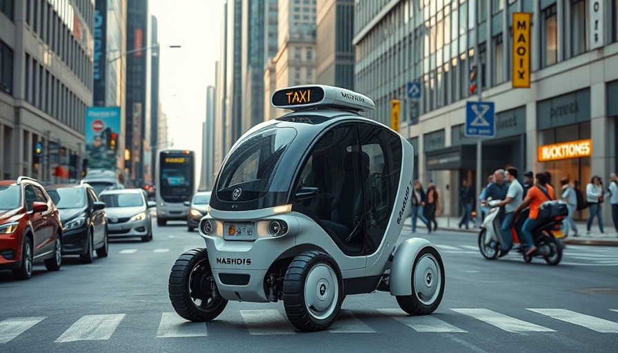 Robotaxi testing on a busy city street with traffic and pedestrians.