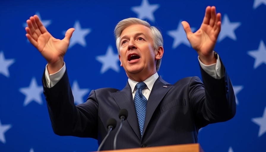 Man in suit speaking passionately at podium, blue starry background.