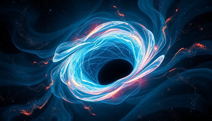 Glowing cosmic black hole illustration depicting gravitational waves.