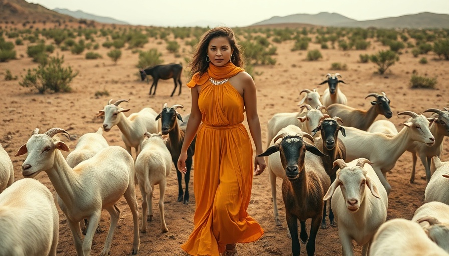 Woman shepherding goats in dry landscape showcasing ecosystem restoration efforts.