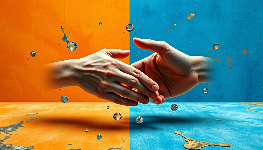 Surreal handshake depicting friendship against dual orange-blue background.