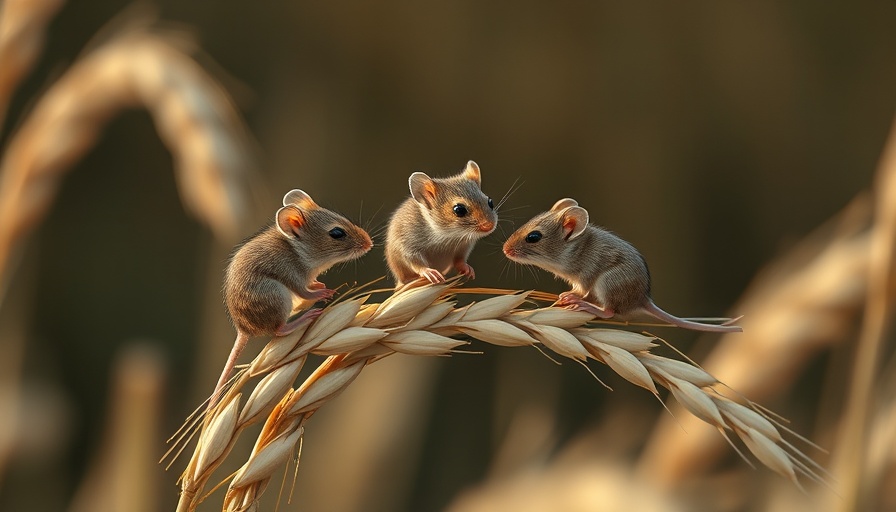 Mice on wheat stalks in field, related to reproductive biotechnology.