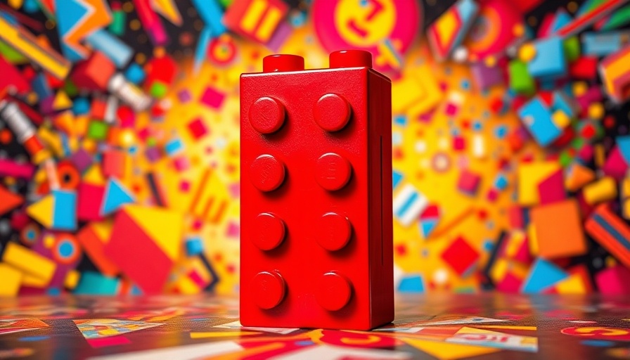 Abstract pop art with red LEGO brick and vivid colors inspired by Silicon Valley.