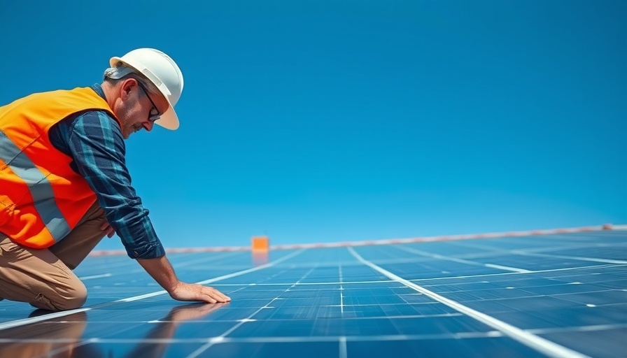 Worker installing solar panel under clear sky, meta solar power investment.