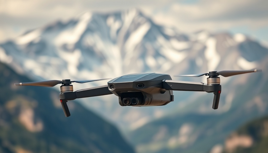 Futuristic aerial robot drone flying over mountains.