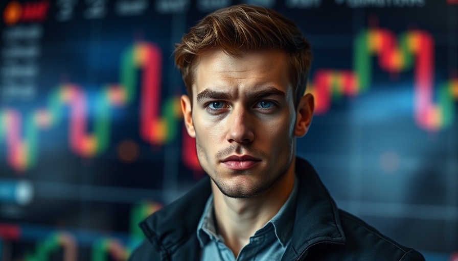 Young man in front of candlestick chart, copy trading app concept.