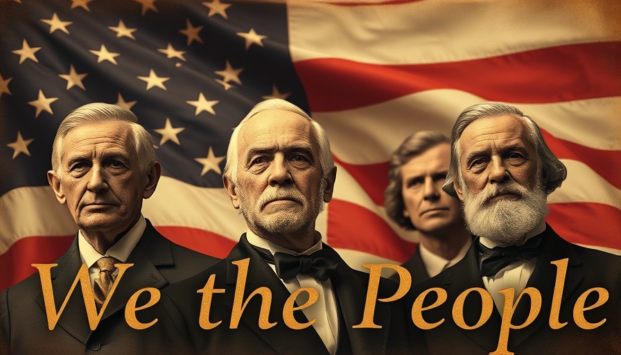 Historical figures with American flag, pursuit of happiness theme