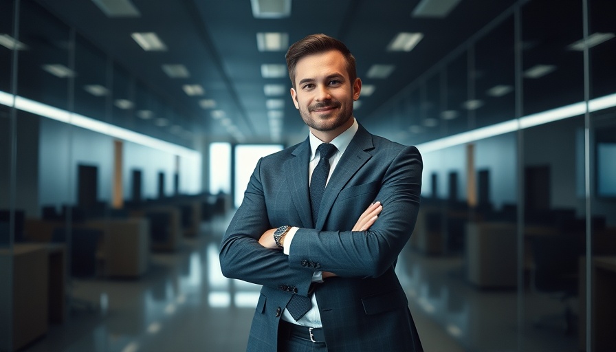 Confident businessman at Quantum Coast Capital office.