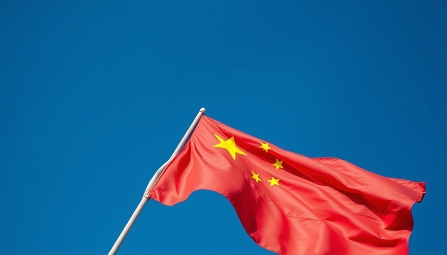 Textured Chinese flag waving under a clear blue sky.