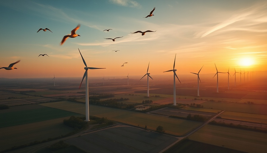 Wind turbines at sunset with birds flying, renewable energy scene.
