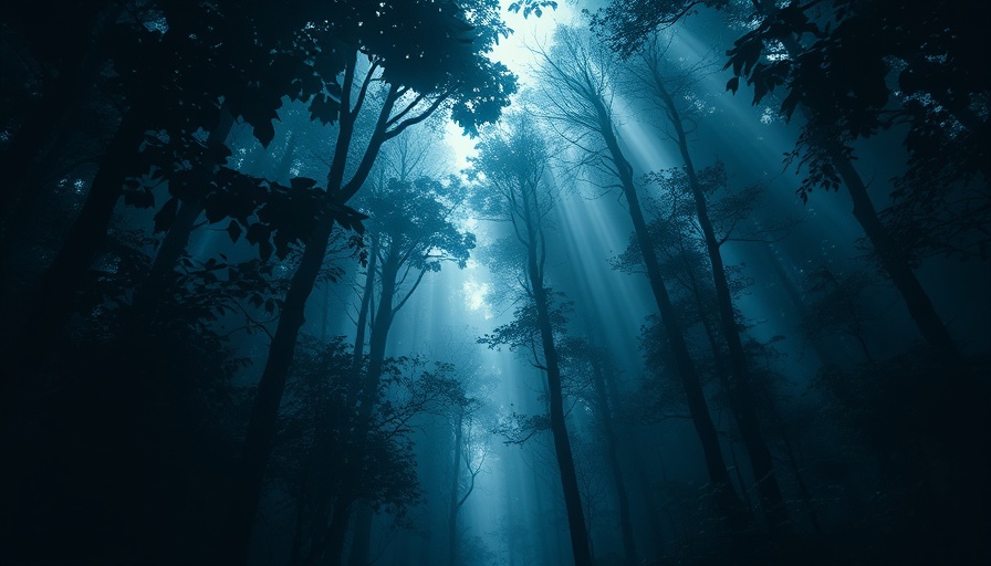 Ethereal forest scene with light shafts evoking an Indigenous alliance.