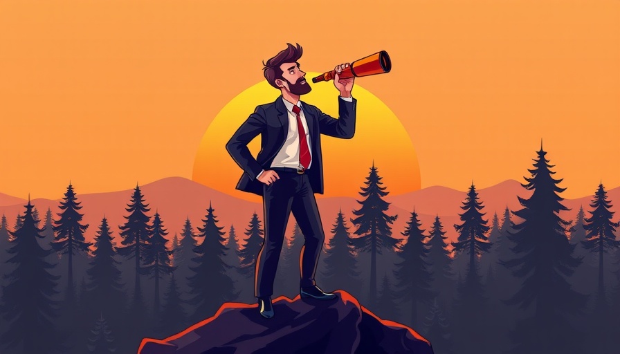 Job search resilience depicted by businessman on peak with telescope.