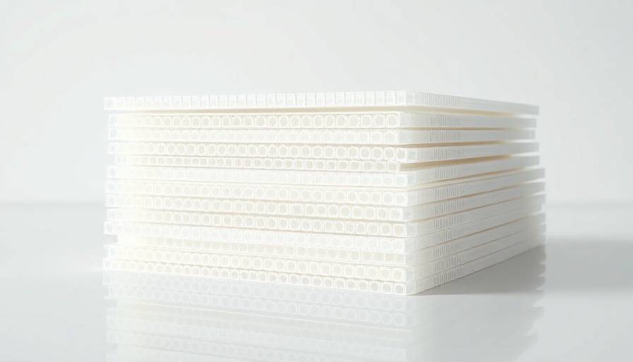 Neatly stacked white porous plastic sheets on reflective surface.