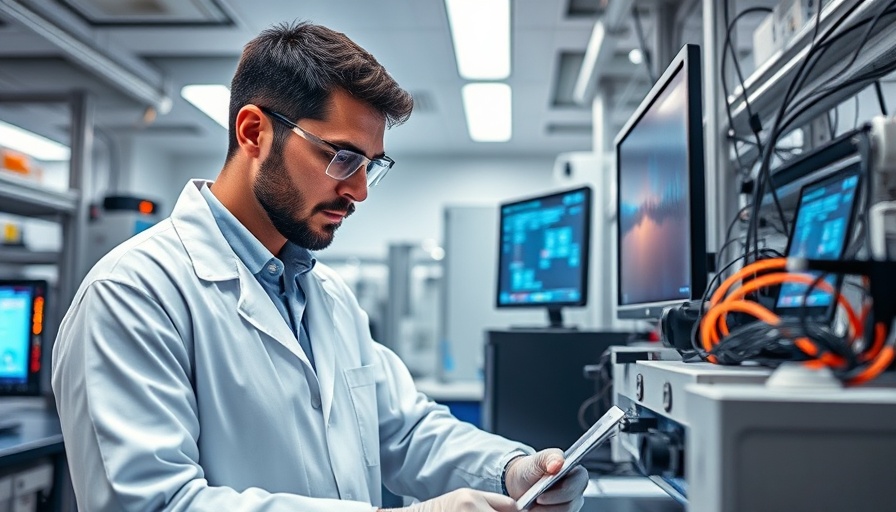 Scientist examining quantum technology equipment in a modern lab.