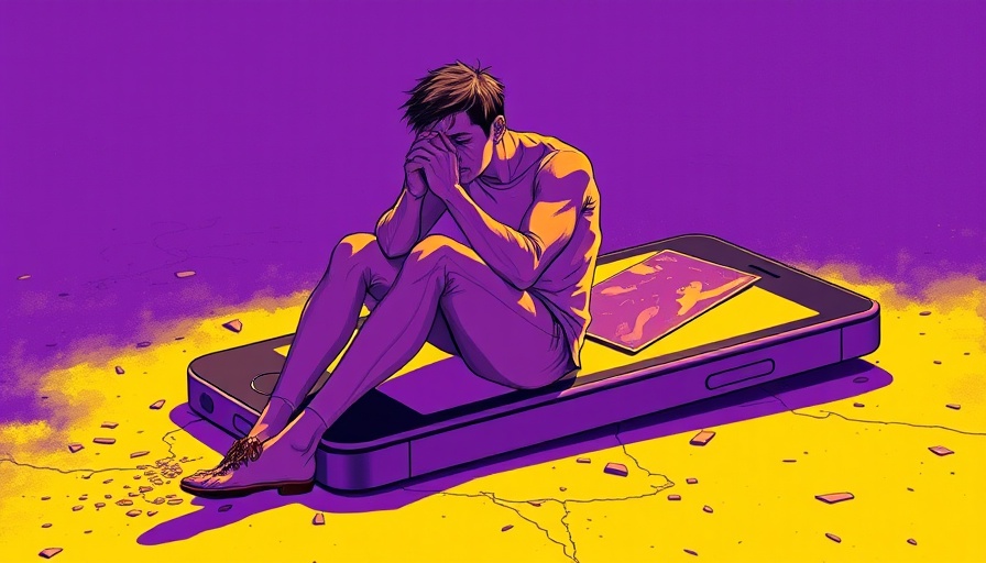 Surreal concept of AI companions with distressed person on giant phone