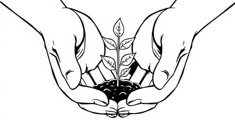 Virtuous Living minimalist line art of hands nurturing a sprout.