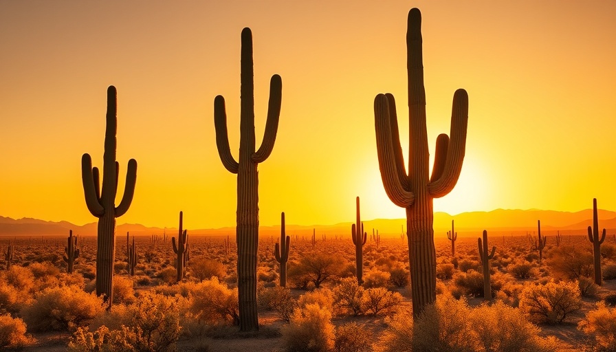 Saguaro cactus in golden desert landscape at sunset.
