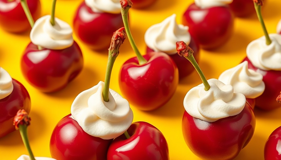 Vibrant cherries on cream, surreal pop art background
