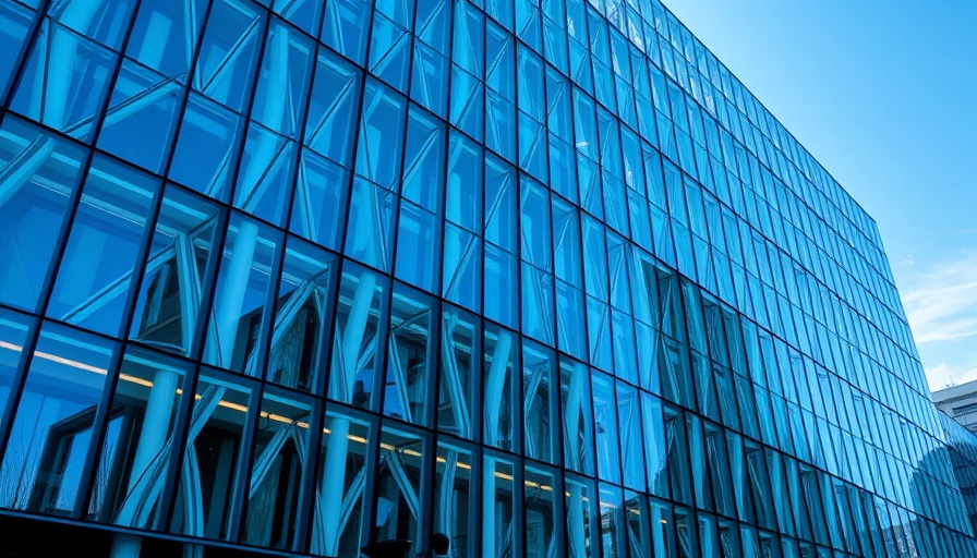 Futuristic abstract building facade with geometric patterns reflecting tech innovations.