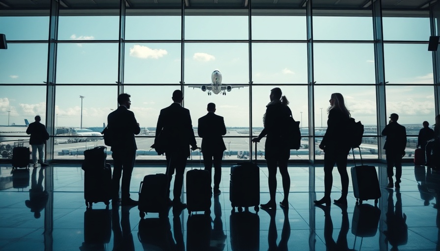 Travelers observing airplane takeoff in airport.