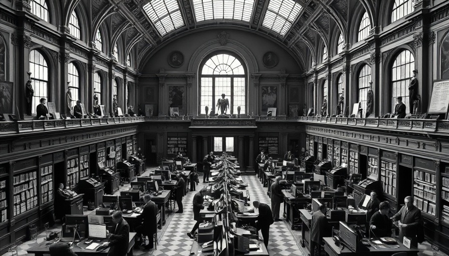 Historical treasury office with clerks in 19th century.