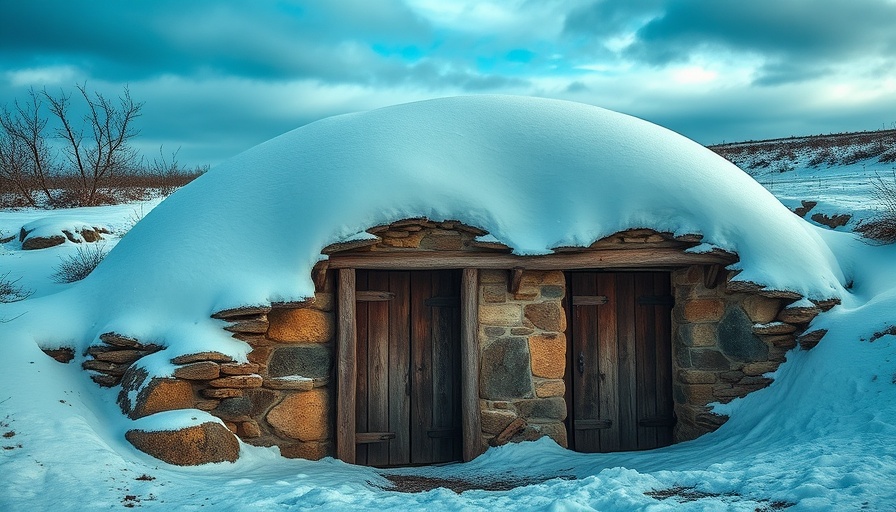 Snow-covered rustic root cellar with stone walls.