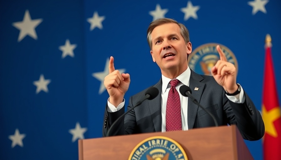 Dynamic speaker emphasizes government efficiency, confident at podium.