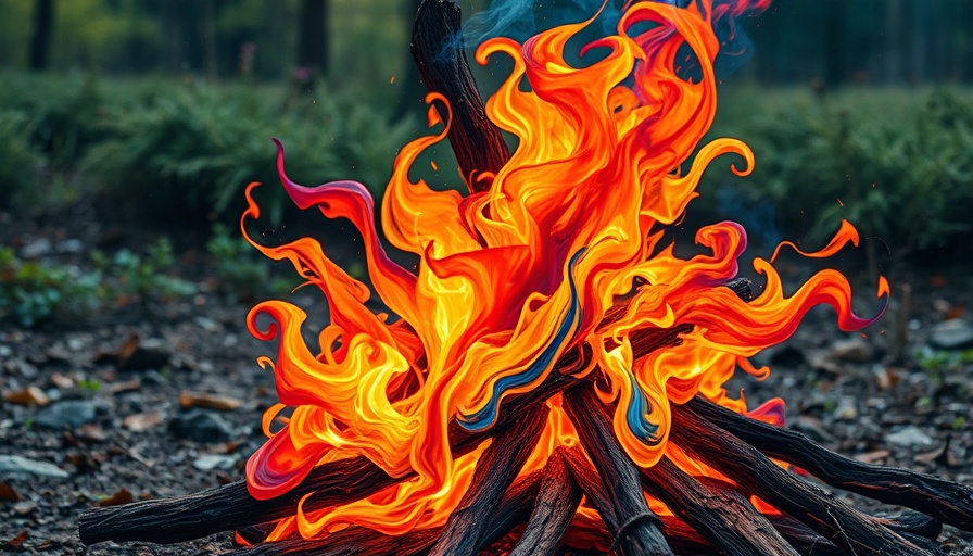 Abstract painting of a vibrant bonfire in a forest clearing.
