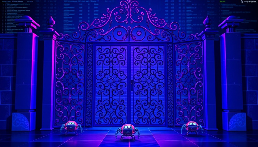 Abstract gate with AI crawler symbols in blue and purple vector art.