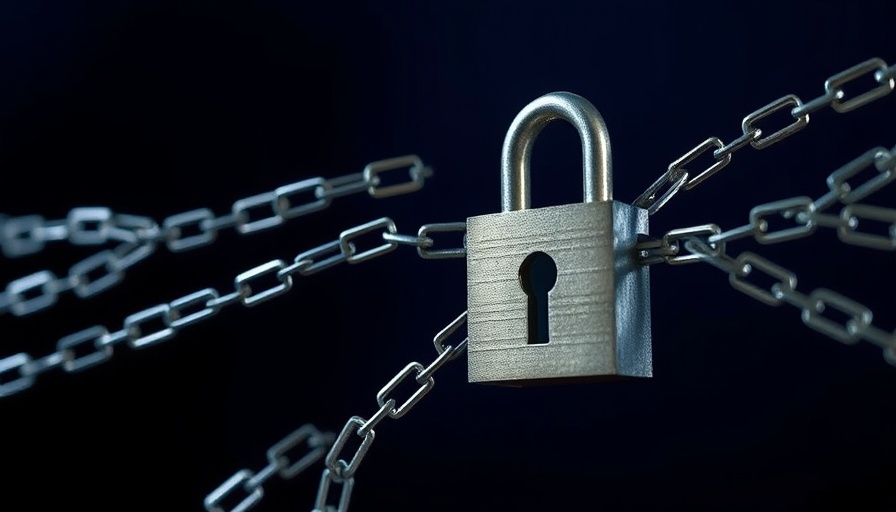 Abstract metal lock with digital chains, illustrating hardware security.
