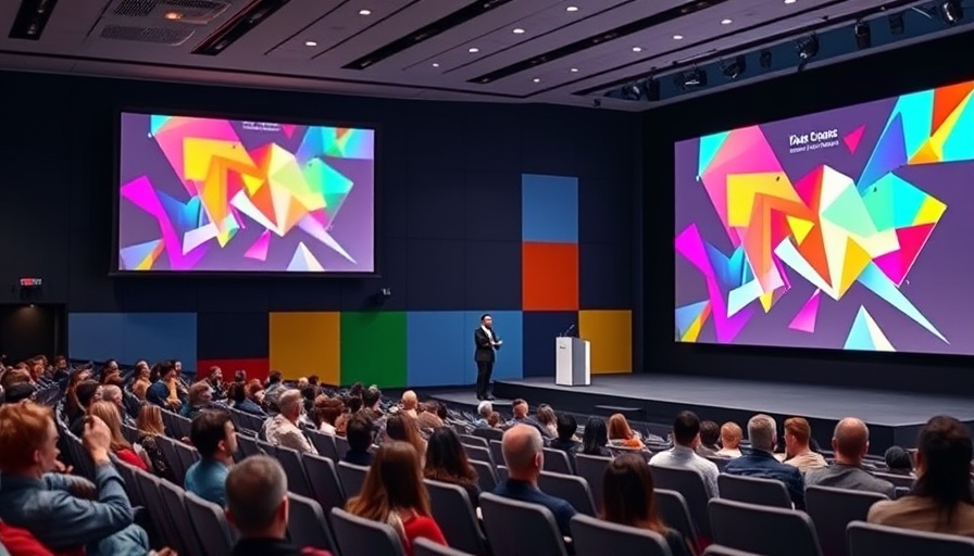 Google I/O 2025 conference speaker and colorful graphics.