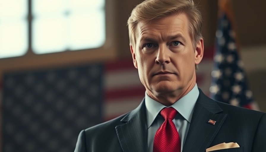 Confident man against American flag background, symbolizing presidential influence on markets.