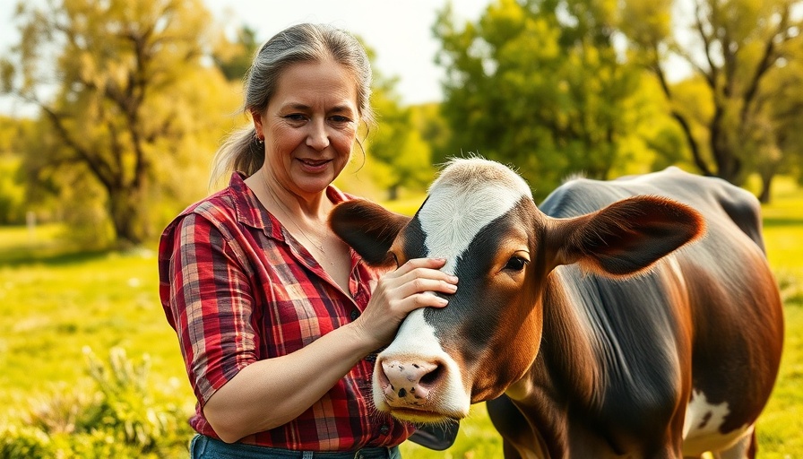 Middle-aged woman in a countryside setting with cows, relating to economic growth.