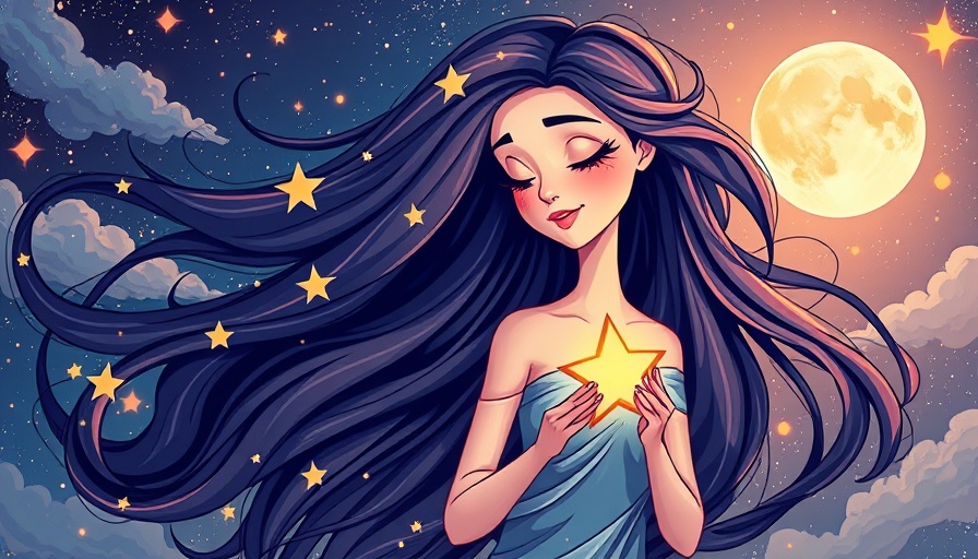 Stylized illustration of serene woman embracing star, Radical Responsibility theme.