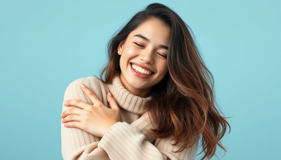 Young woman embracing herself joyfully, fostering authentic self.