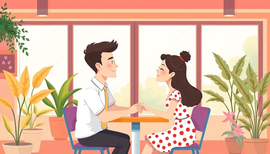 Cartoon couple holding hands in a cafe, strengthen loving relationships with mindfulness.
