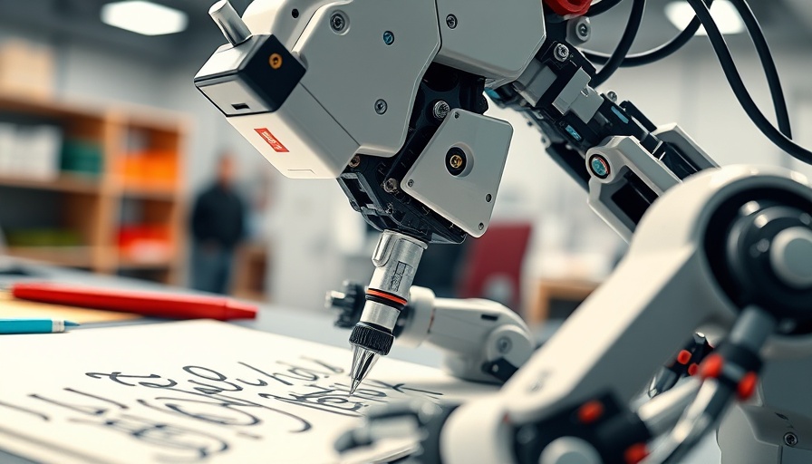High-tech calligraphy robot writing in a modern workspace.