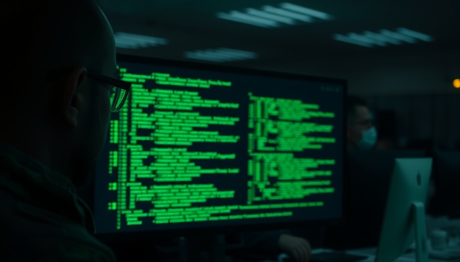 Military personnel in front of computer screen with glowing green text, illustrating Quantum Secure Communication.