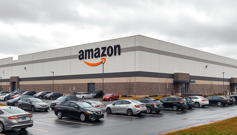 North Carolina Amazon warehouse with parked cars and corporate branding.